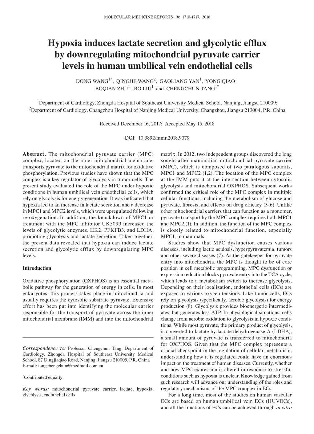 Hypoxia Induces Lactate Secretion and Glycolytic Efflux by Downregulating Mitochondrial Pyruvate Carrier Levels in Human Umbilical Vein Endothelial Cells