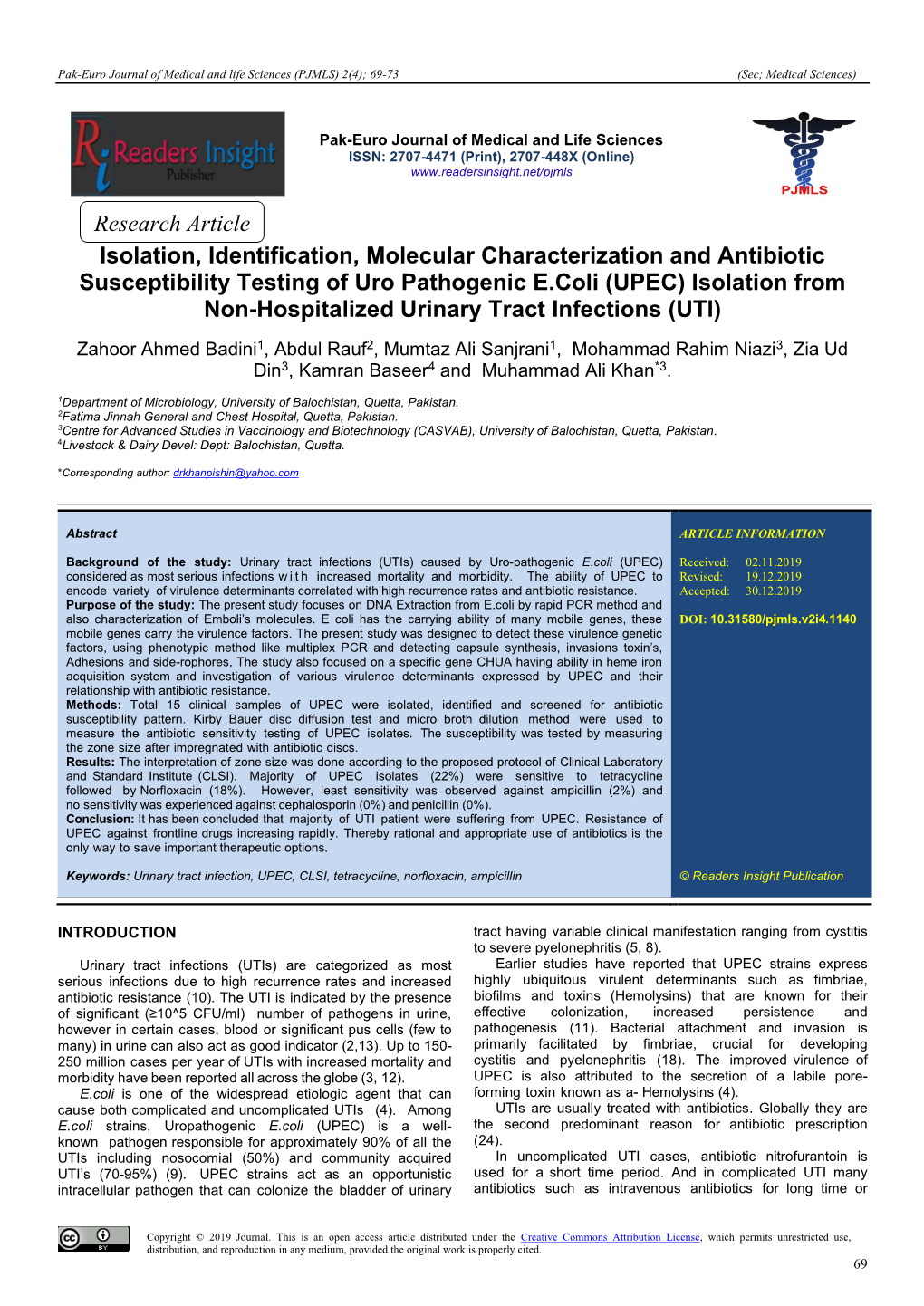 UPEC) Isolation from Non-Hospitalized Urinary Tract Infections (UTI