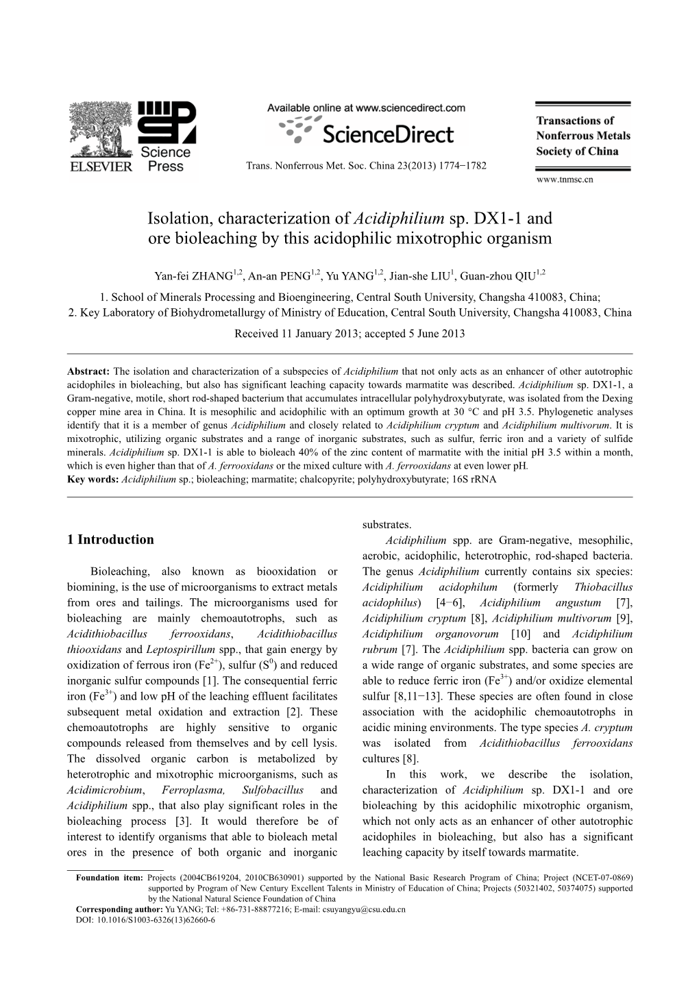 Isolation, Characterization of Acidiphilium Sp. DX1-1 and Ore Bioleaching by This Acidophilic Mixotrophic Organism