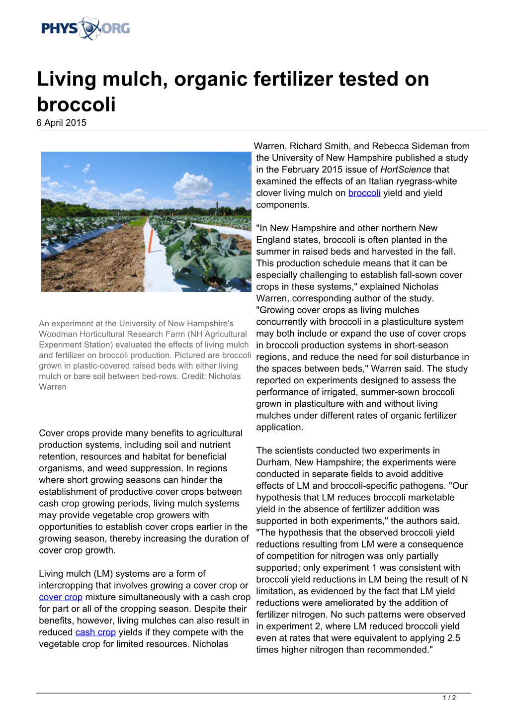 Living Mulch, Organic Fertilizer Tested on Broccoli 6 April 2015