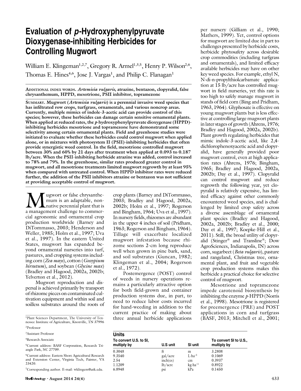 Evaluation of P-Hydroxyphenylpyruvate Dioxygenase-Inhibiting Herbicides for Controlling Mugwort