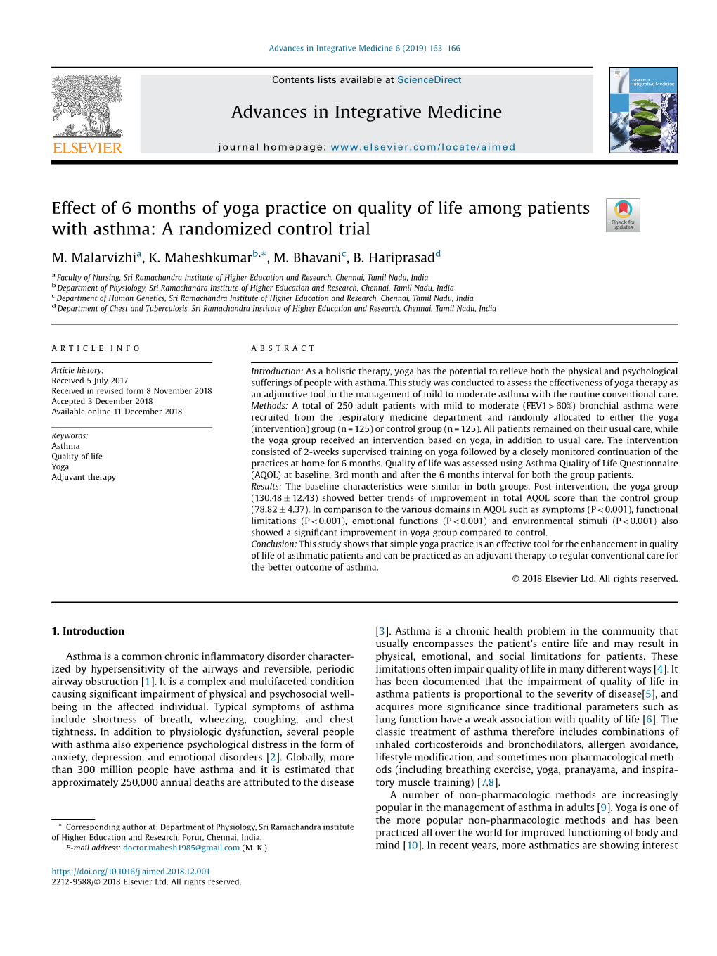 Effect of 6 Months of Yoga Practice on Quality of Life Among Patients With