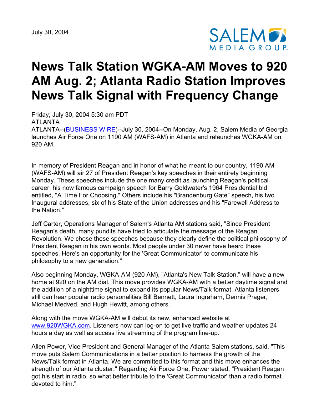 News Talk Station WGKA-AM Moves to 920 AM Aug. 2; Atlanta Radio Station Improves News Talk Signal with Frequency Change