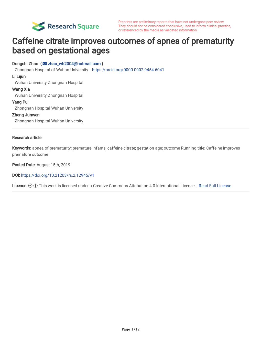 Caffeine Citrate Improves Outcomes of Apnea of Prematurity Based on Gestational Ages