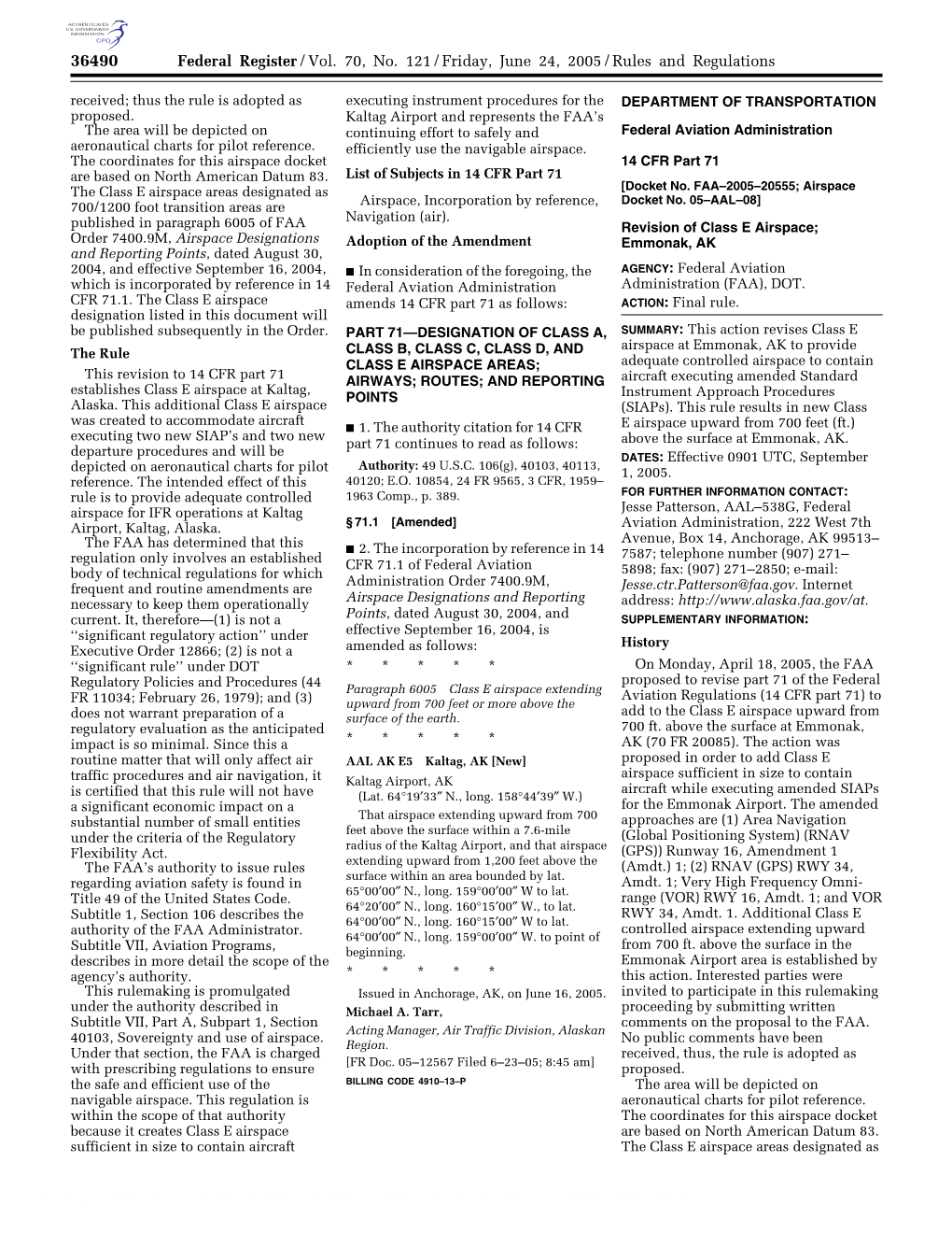 Federal Register/Vol. 70, No. 121/Friday, June 24, 2005/Rules