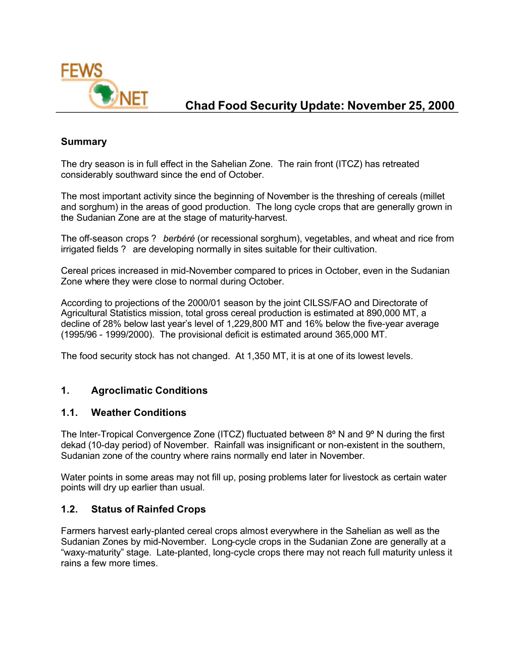 Chad Food Security Update: November 25, 2000