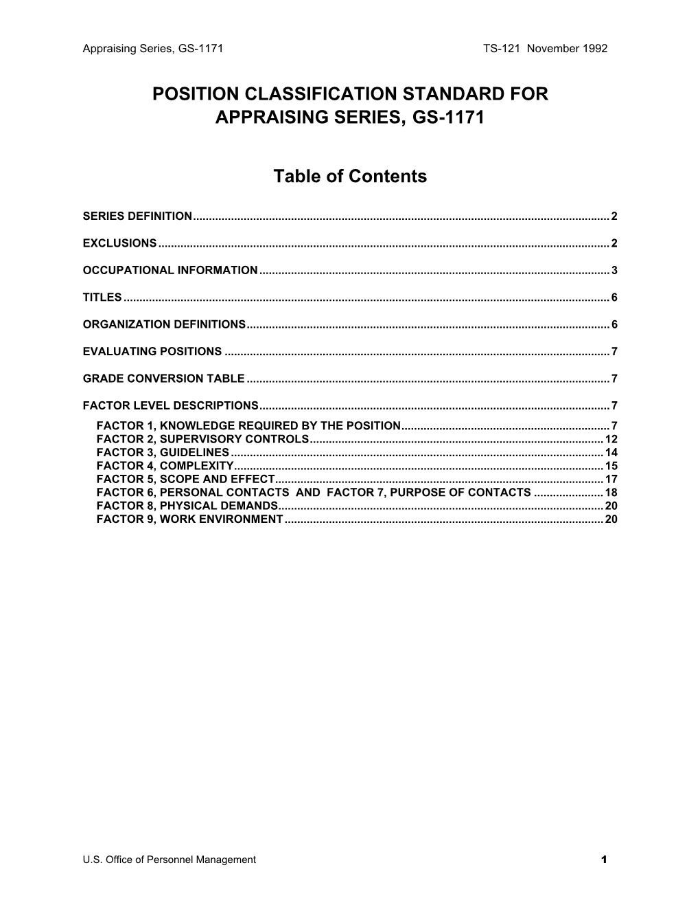 Position Classification Standard for Appraising Series, Gs-1171