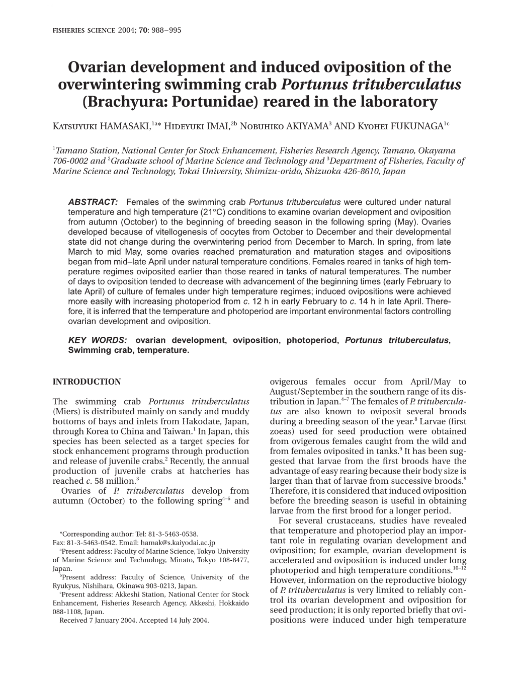 Ovarian Development and Induced Oviposition of the Overwintering Swimming Crab Portunus Trituberculatus (Brachyura: Portunidae) Reared in the Laboratory