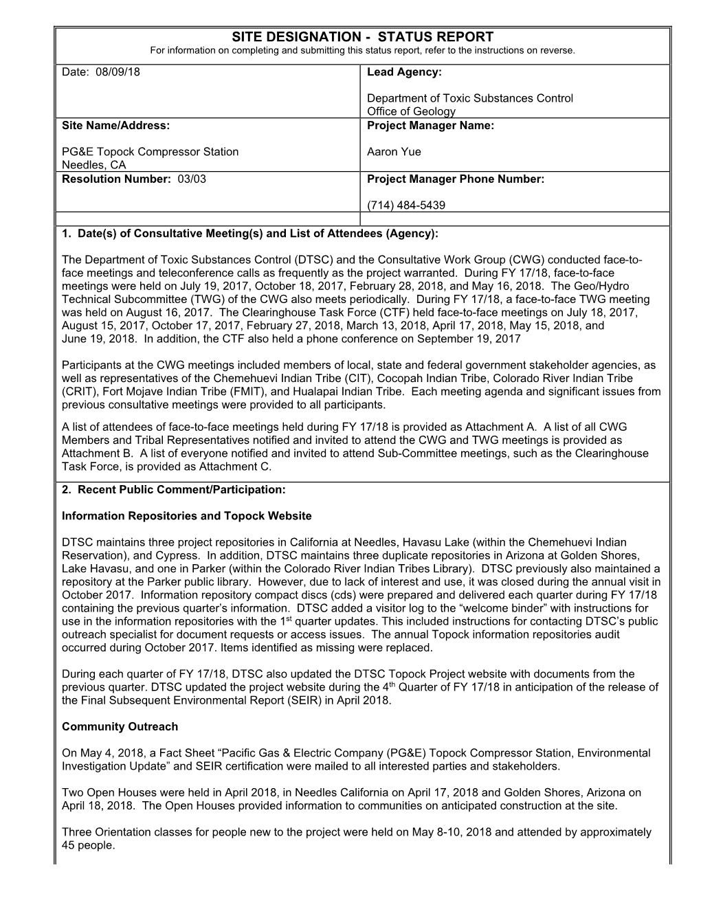 Designated Site Annual Status Report FY 17/18 Attachment a Page 2