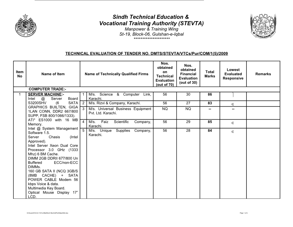 TECHNICAL EVALUATION of TENDER NO. DMTS/STEVTA/Vtcs/Pur/COM/1(5)/2009