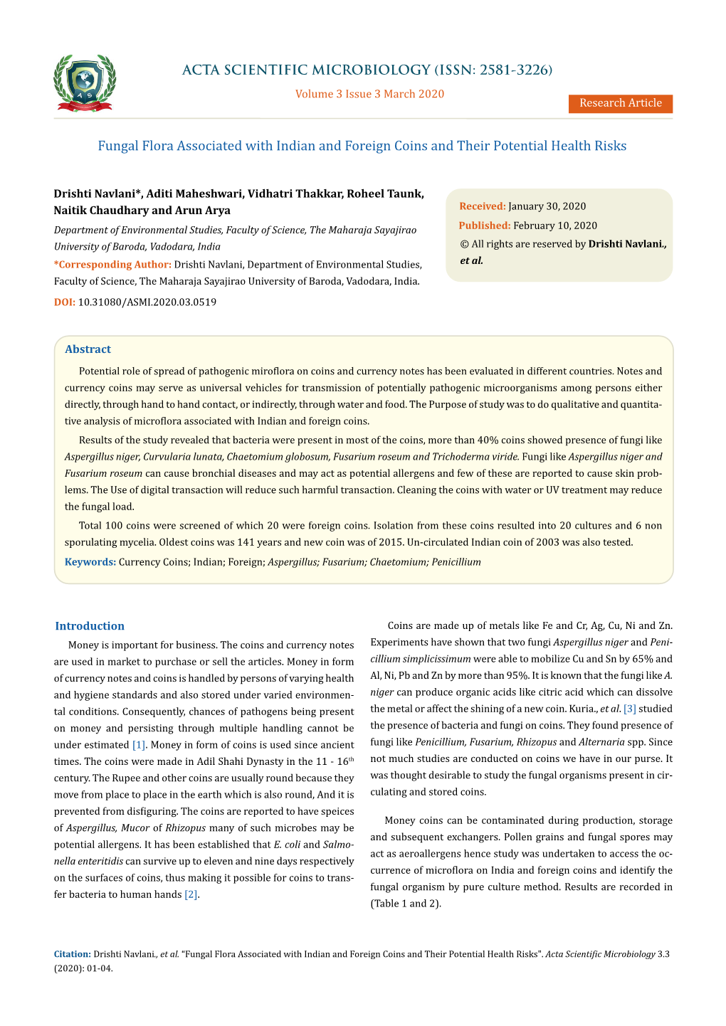 Fungal Flora Associated with Indian and Foreign Coins and Their Potential Health Risks