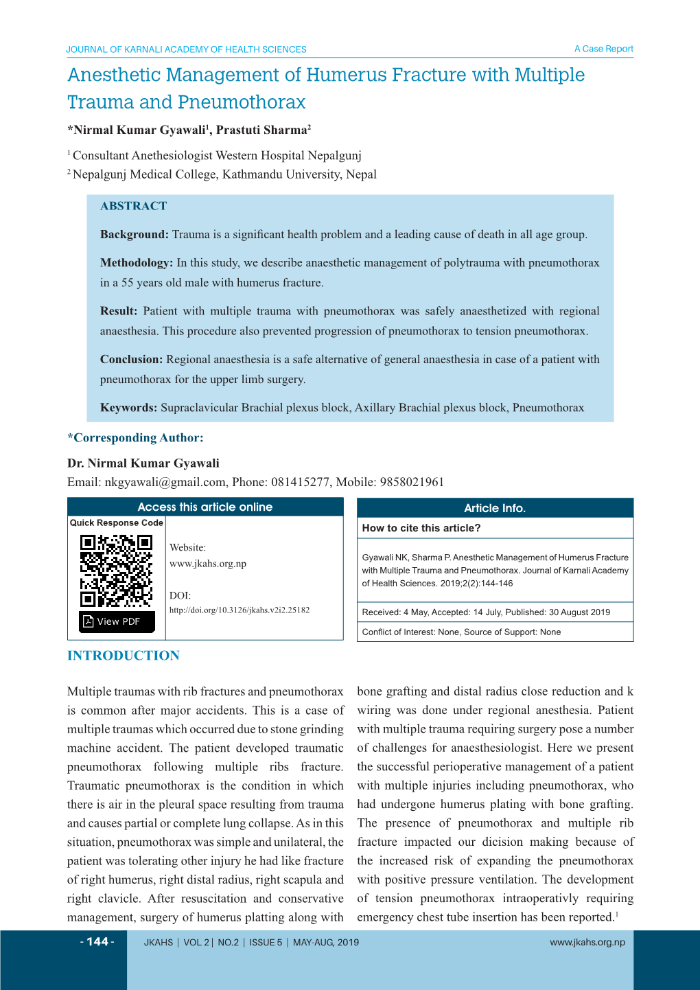 Anesthetic Management of Humerus Fracture with Multiple Trauma And