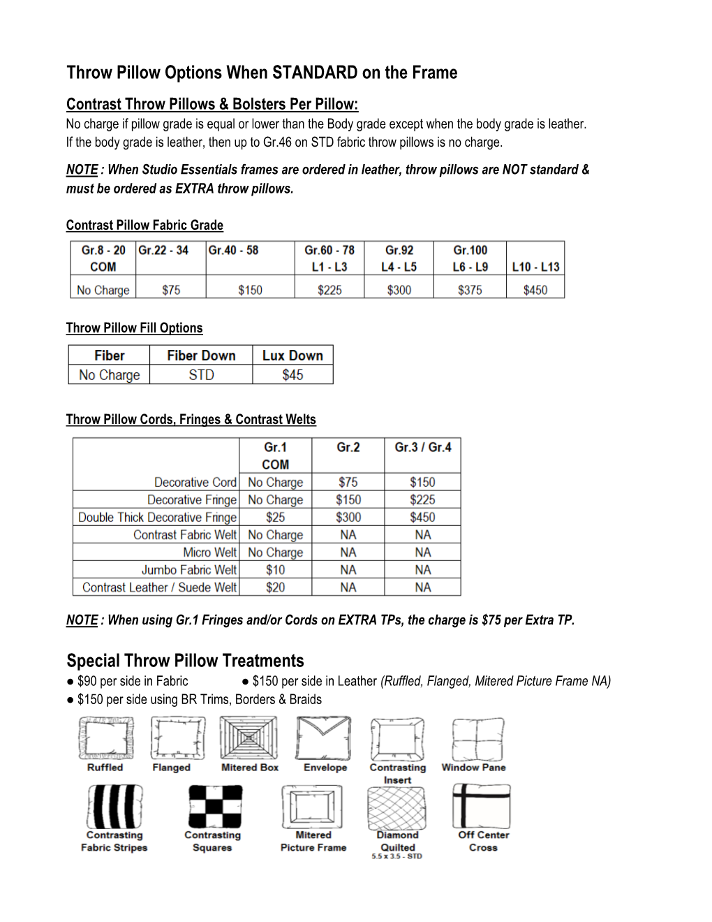 Throw Pillow Options When STANDARD on the Frame