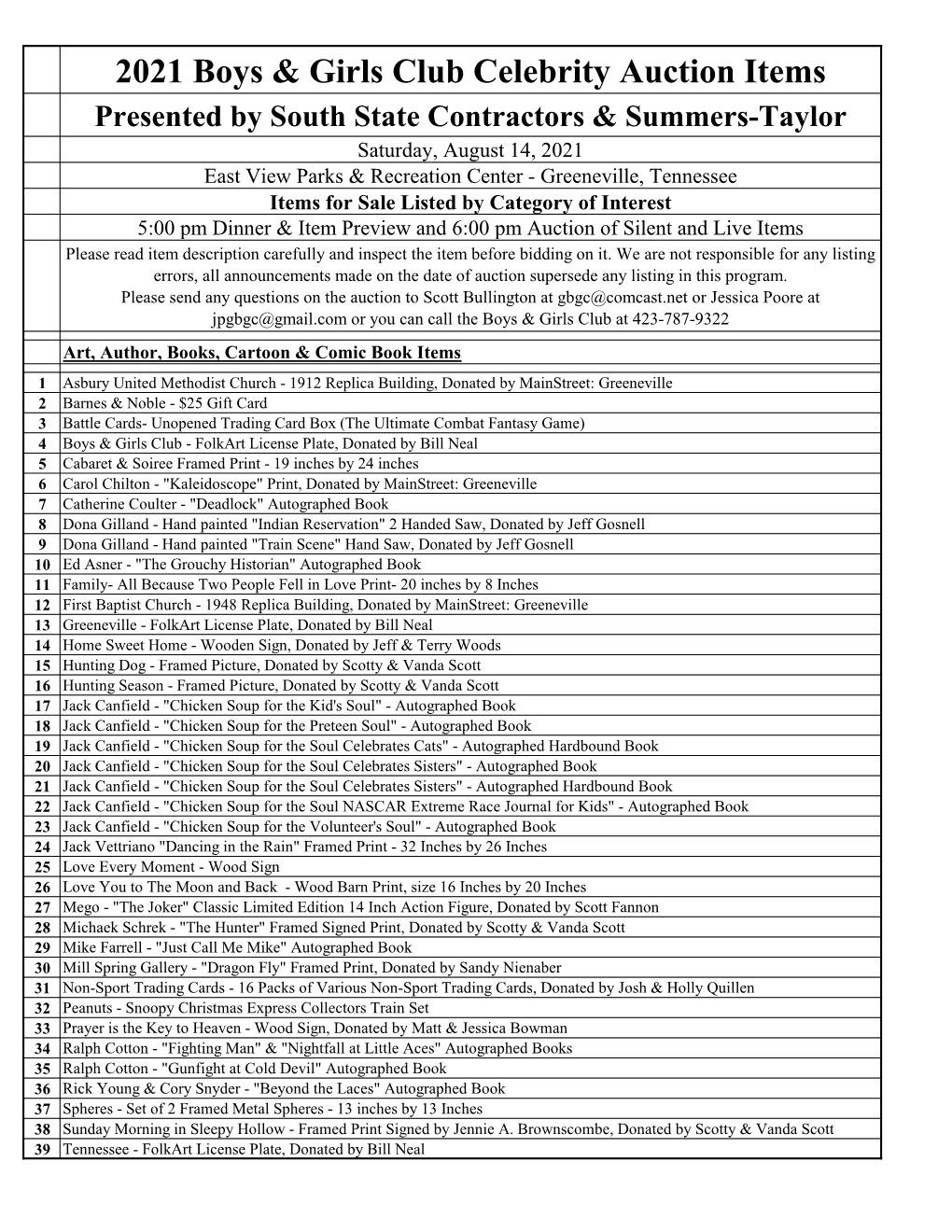 2021 Boys & Girls Club Celebrity Auction Items