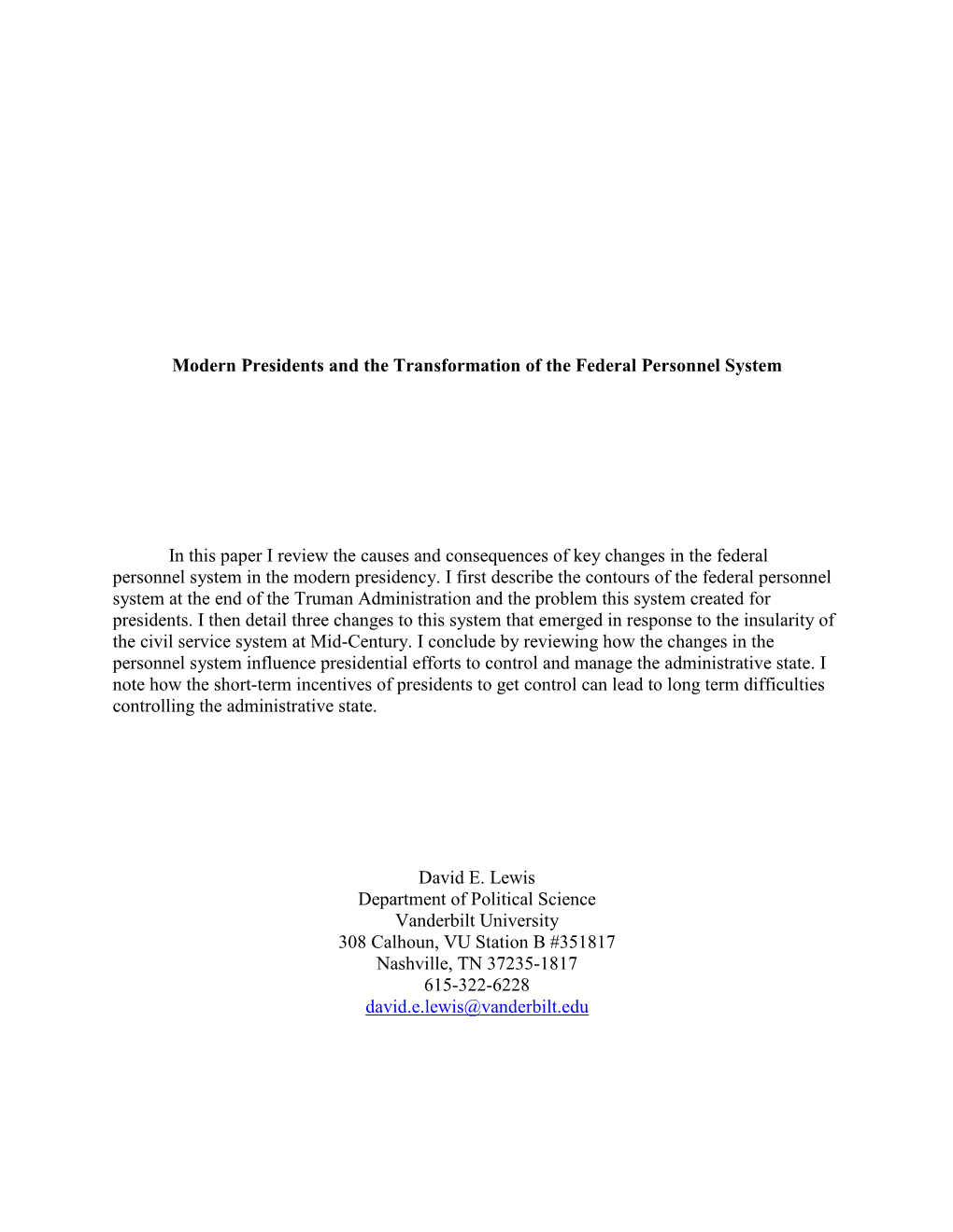 Modern Presidents and the Transformation of the Federal Personnel System