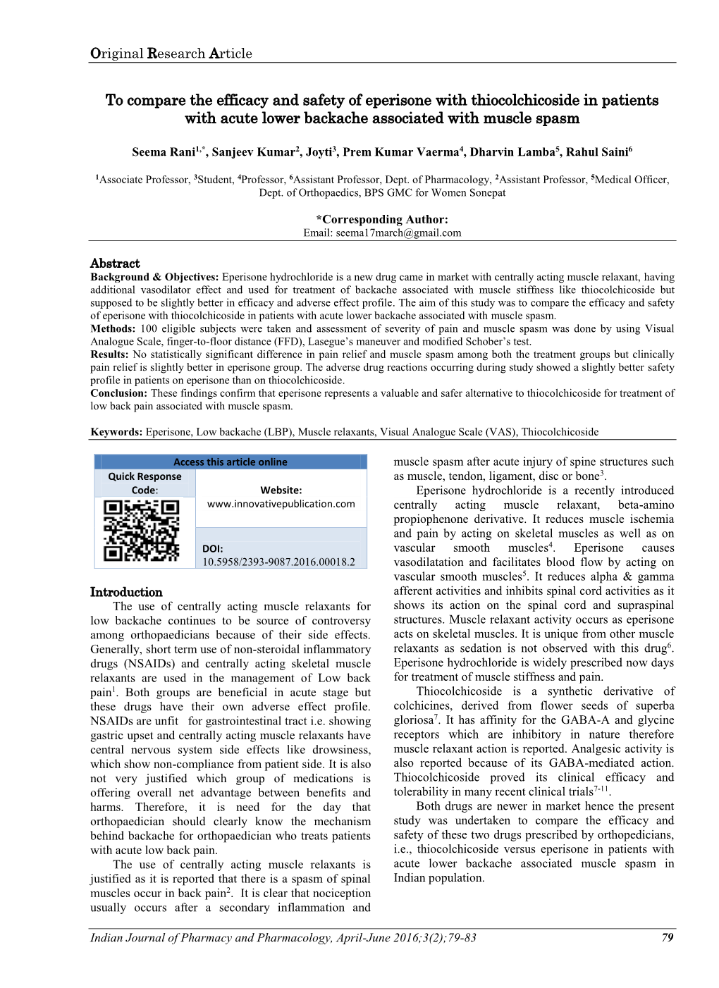 To Compare the Efficacy and Safety of Eperisone with Thiocolchicoside in Patients with Acute Lower Backache Associated with Muscle Spasm