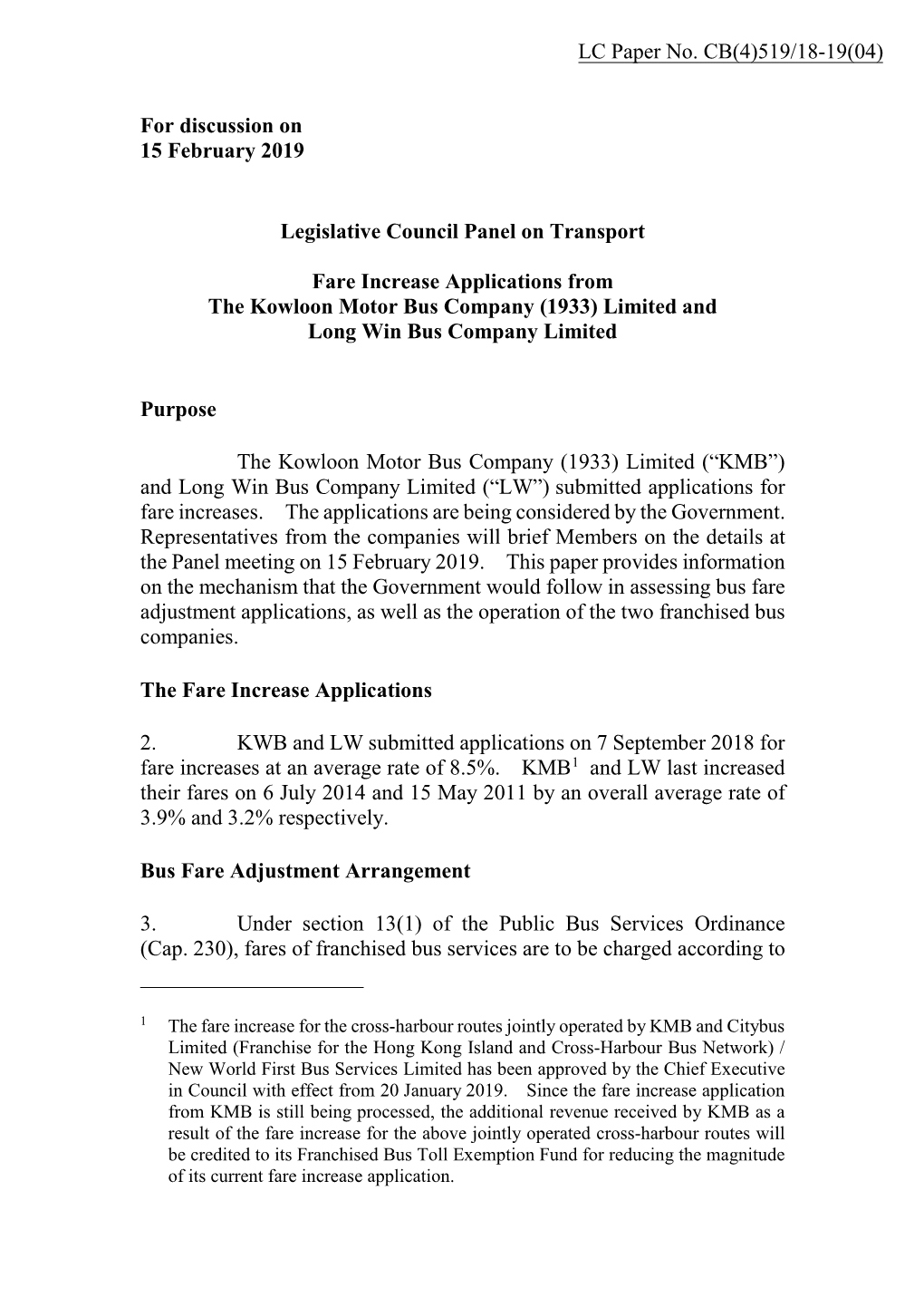 Administration's Paper on Fare Increase Applications by Kowloon