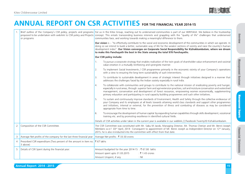 Annual Report on Csr Activities for the Financial Year 2014-15