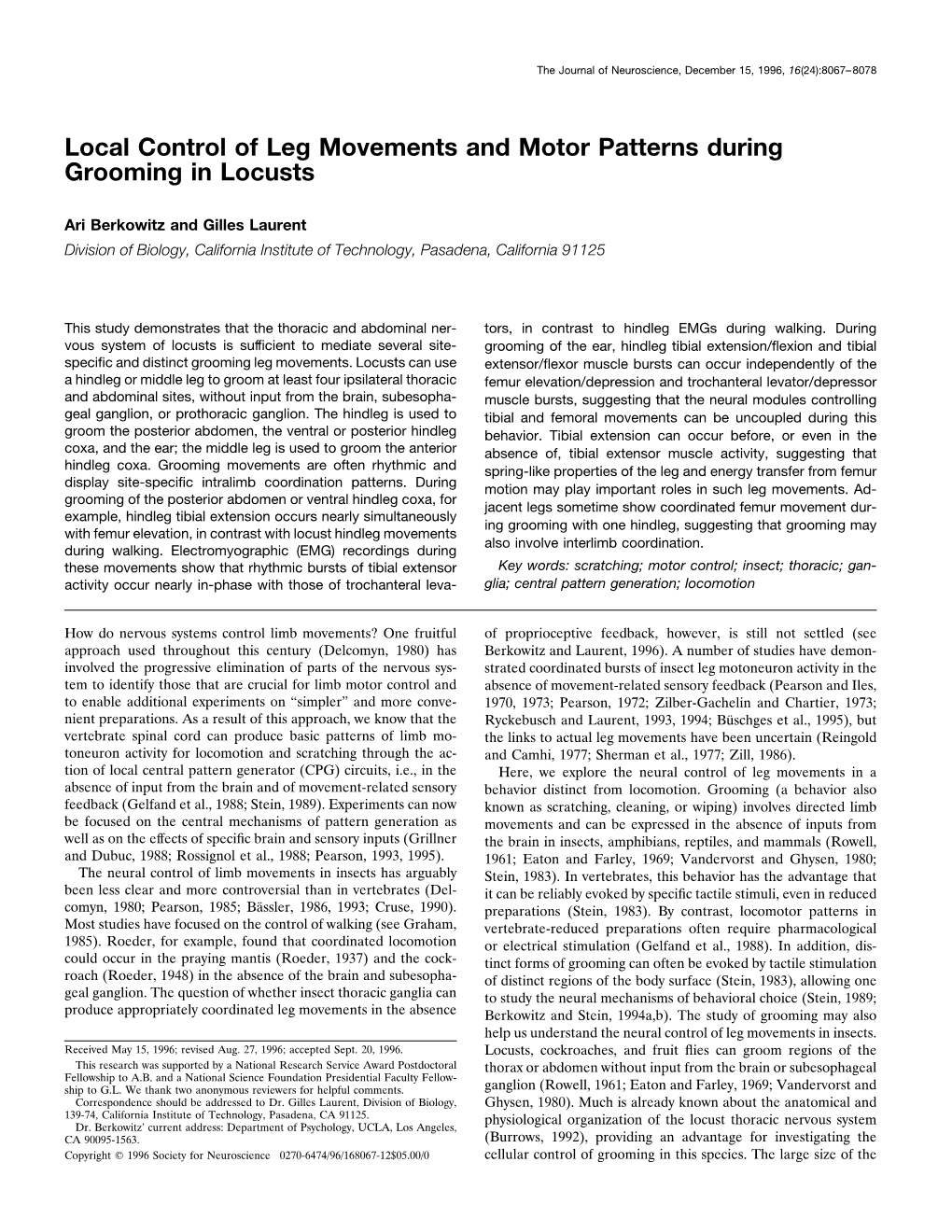 Local Control of Leg Movements and Motor Patterns During Grooming in Locusts