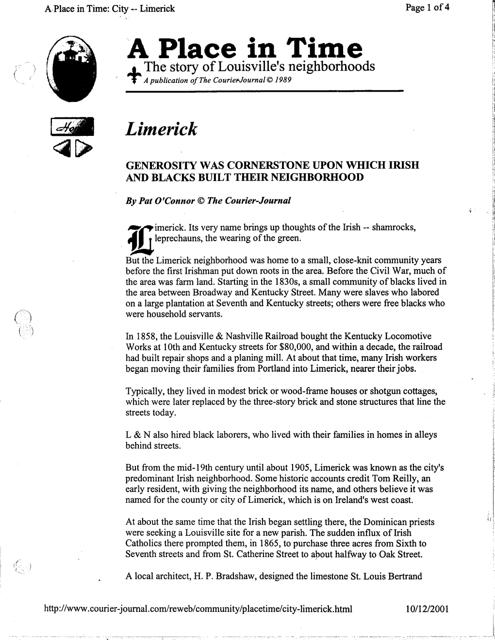 A Place in Time I 'I the Story of Louisville's Neighborhoods '1 a Publication @The Courierjournal B 1989