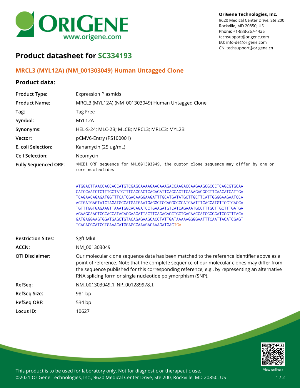 MRCL3 (MYL12A) (NM 001303049) Human Untagged Clone Product Data