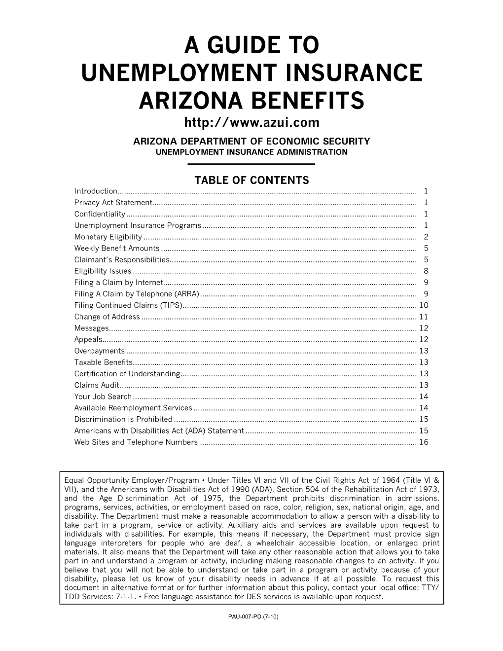 A Guide to Unemployment Insurance Arizona Benefits Arizona Department of Economic Security Unemployment Insurance Administration
