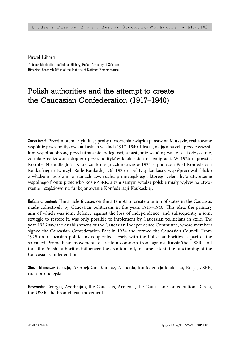 Polish Authorities and the Attempt to Create the Caucasian Confederation (1917–1940)