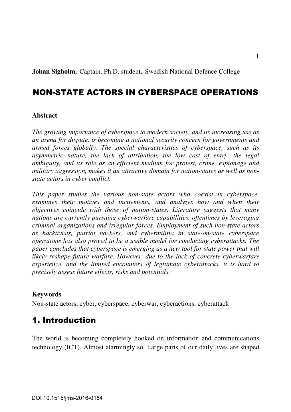 Non-State Actors in Cyberspace Operations Is Given in Section 6