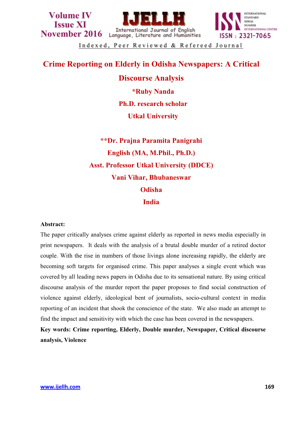 Crime Reporting on Elderly in Odisha Newspapers: a Critical Discourse Analysis *Ruby Nanda Ph.D