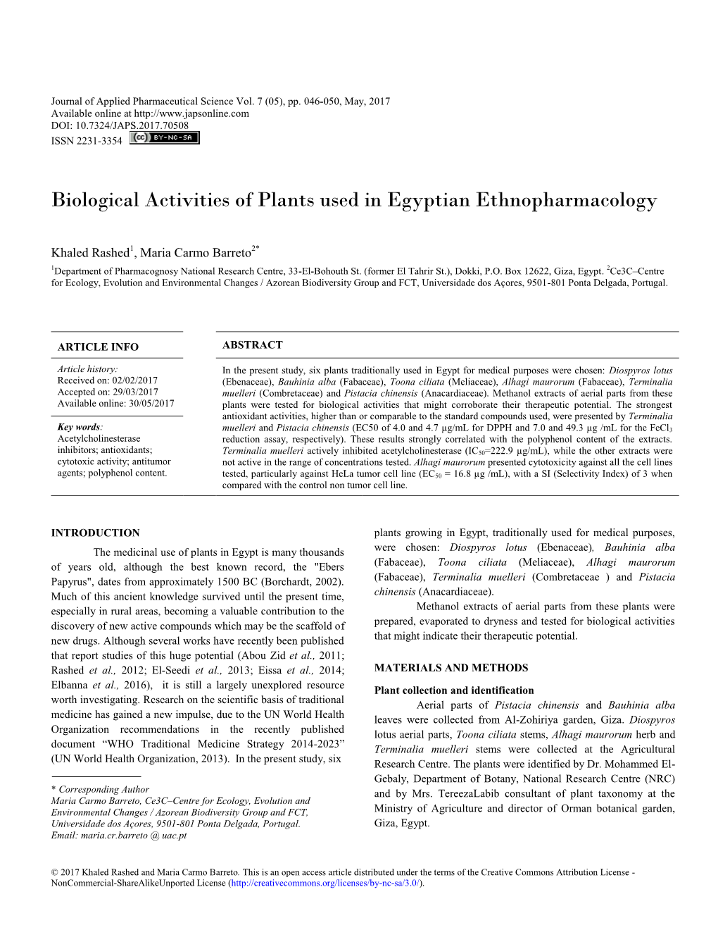 Biological Activities of Plants Used in Egyptian Ethnopharmacology