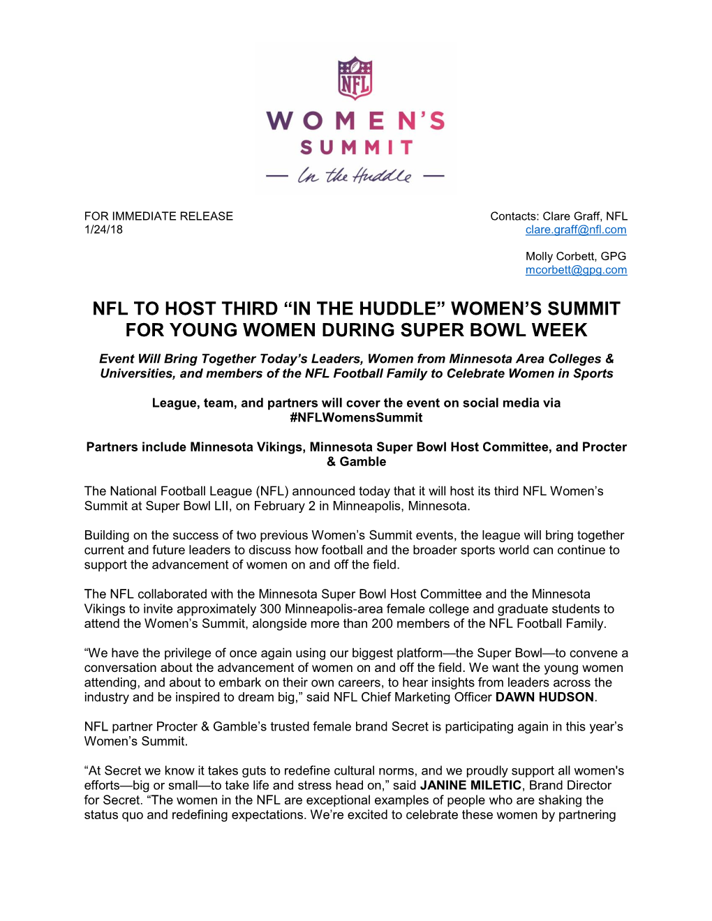 Nfl to Host Third “In the Huddle” Women's Summit For