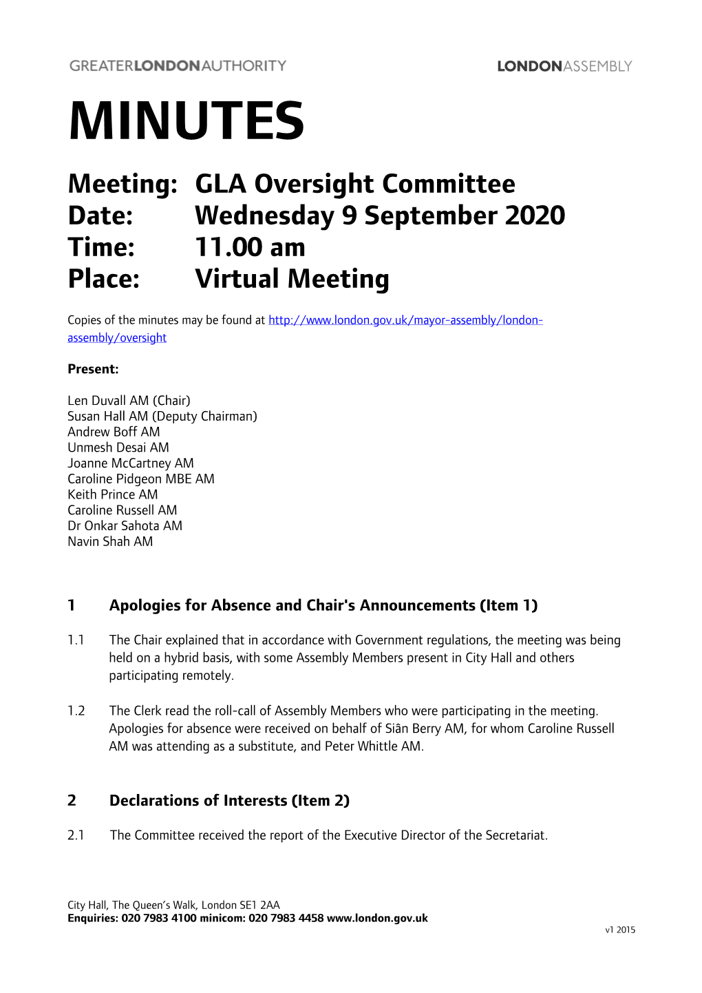 Minutes Document for GLA Oversight Committee, 09/09