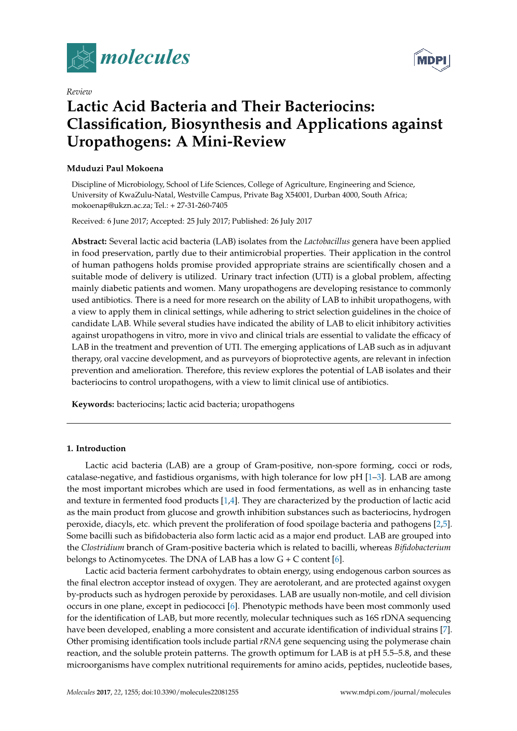 Lactic Acid Bacteria and Their Bacteriocins: Classiﬁcation, Biosynthesis and Applications Against Uropathogens: a Mini-Review