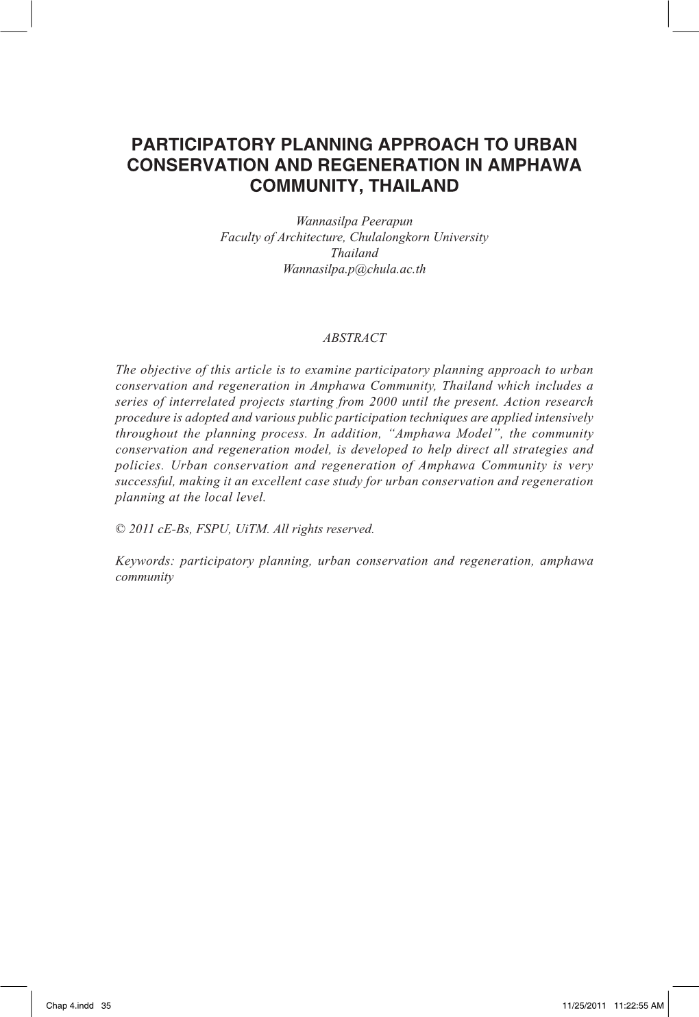 Participatory Planning Approach to Urban Conservation and Regeneration in Amphawa Community, Thailand