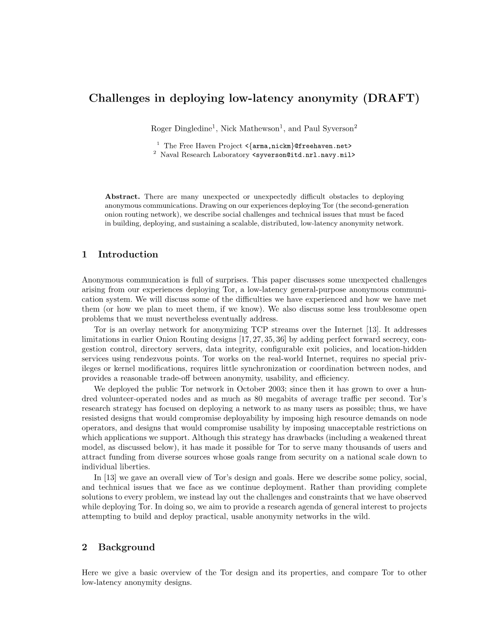 Challenges in Deploying Low-Latency Anonymity (DRAFT)