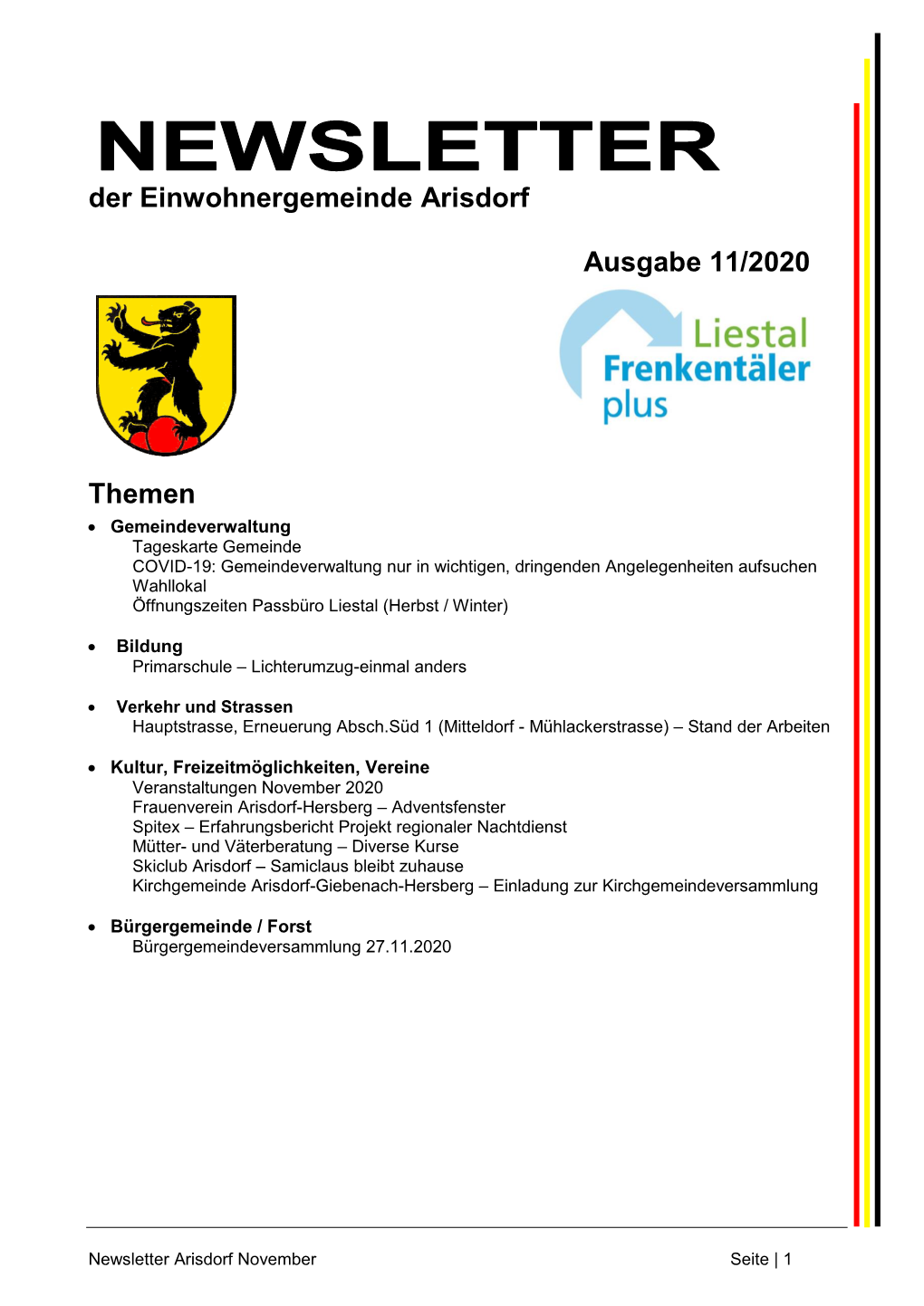 Der Einwohnergemeinde Arisdorf Ausgabe 11/2020 Themen