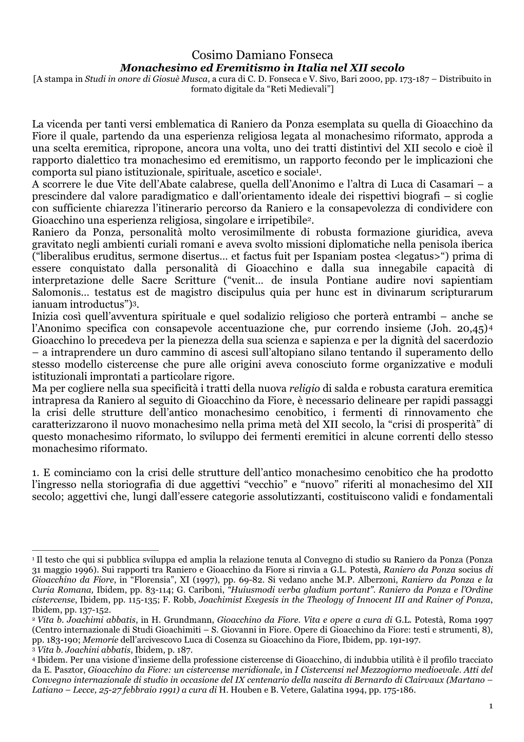 Cosimo Damiano Fonseca Monachesimo Ed Eremitismo in Italia Nel XII Secolo [A Stampa in Studi in Onore Di Giosuè Musca , a Cura Di C