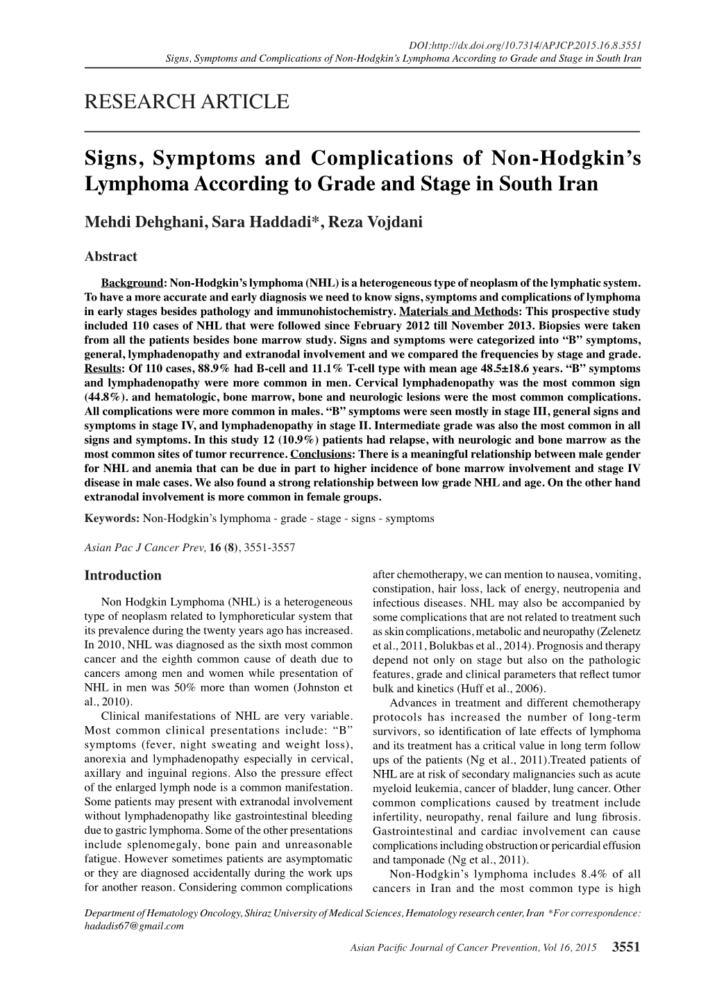 Signs, Symptoms and Complications of Non-Hodgkin's Lymphoma According to Grade and Stage in South Iran