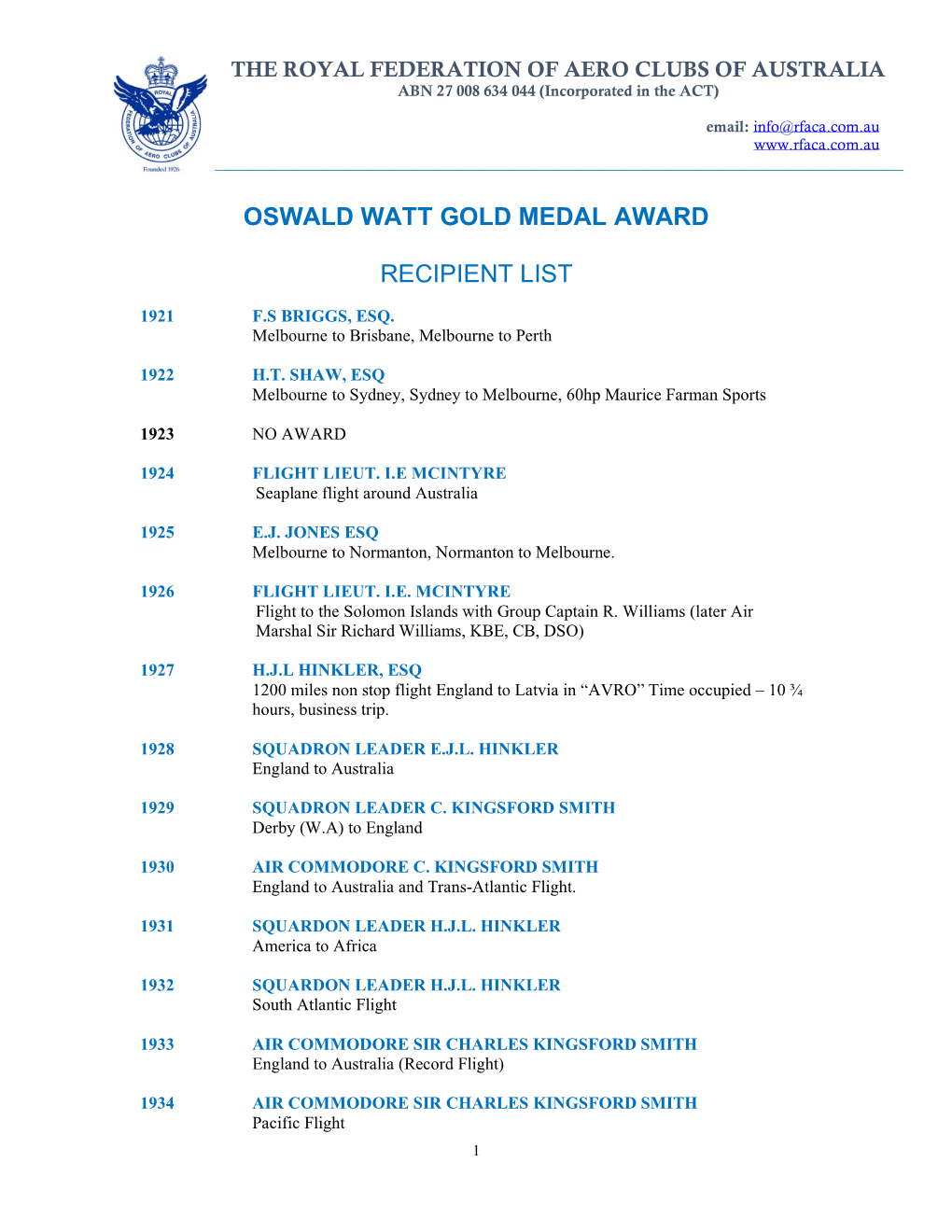 Oswald Watt Gold Medal Award