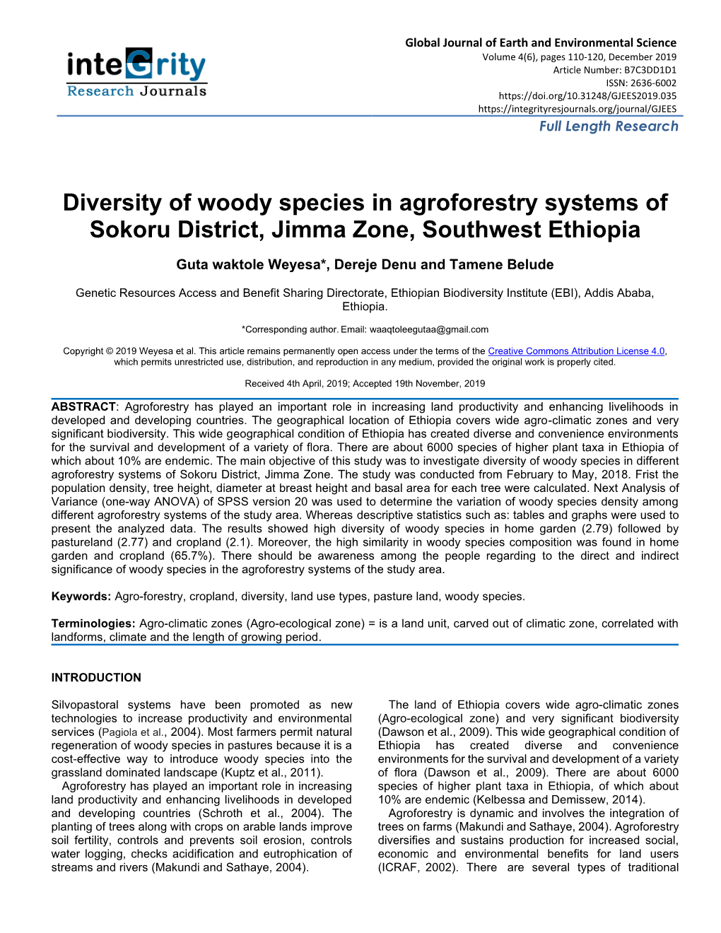 Diversity of Woody Species in Agroforestry Systems of Sokoru District, Jimma Zone, Southwest Ethiopia