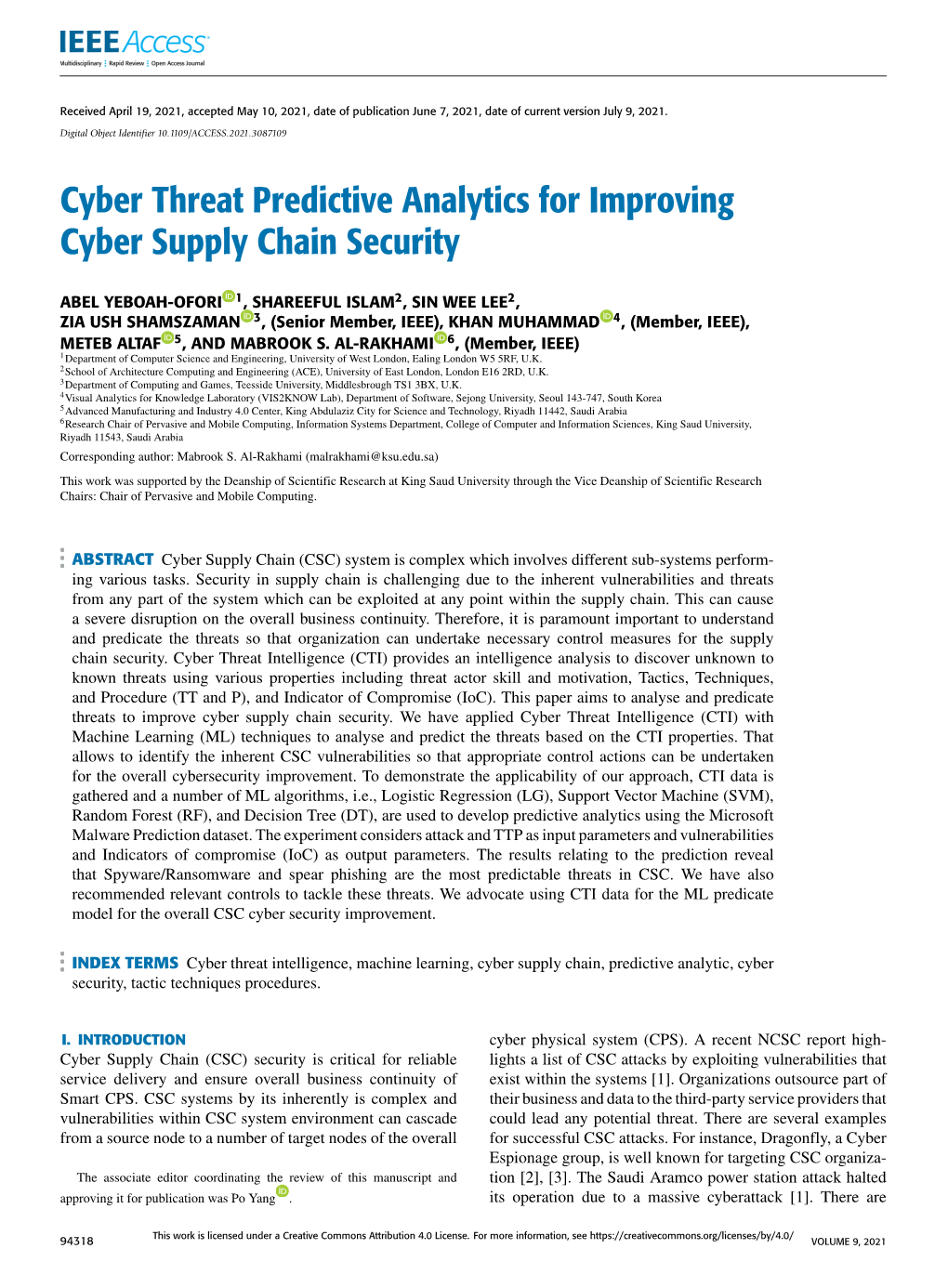 Cyber Threat Predictive Analytics for Improving Cyber Supply Chain Security