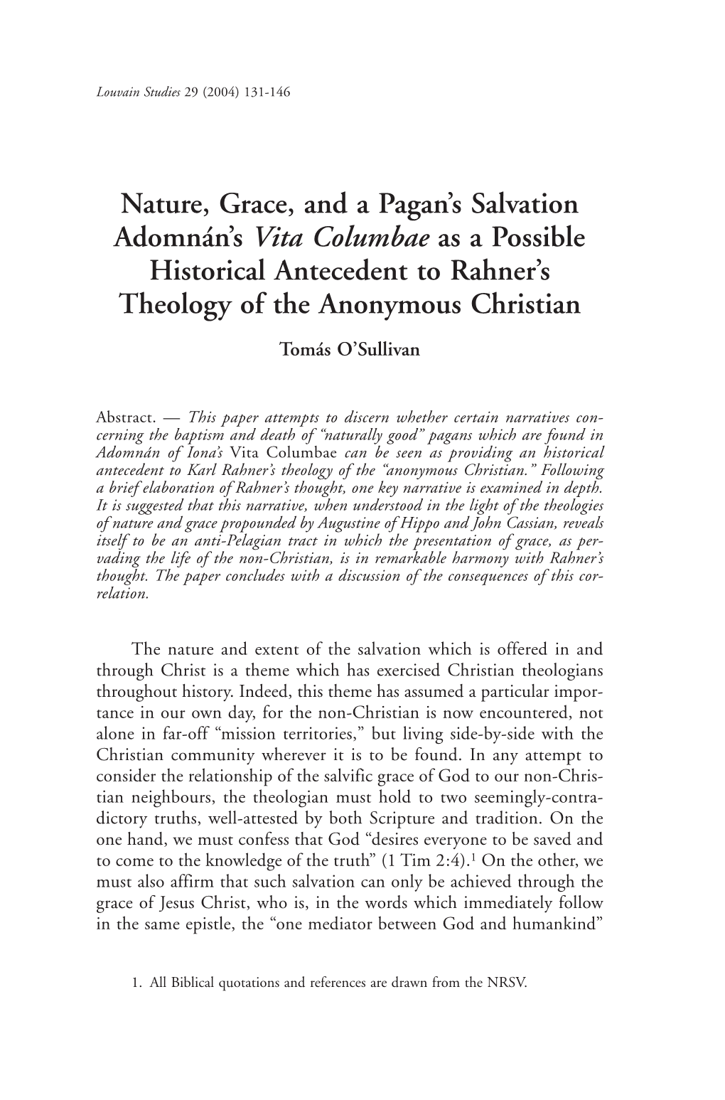 Nature, Grace, and a Pagan's Salvation Adomnán's Vita