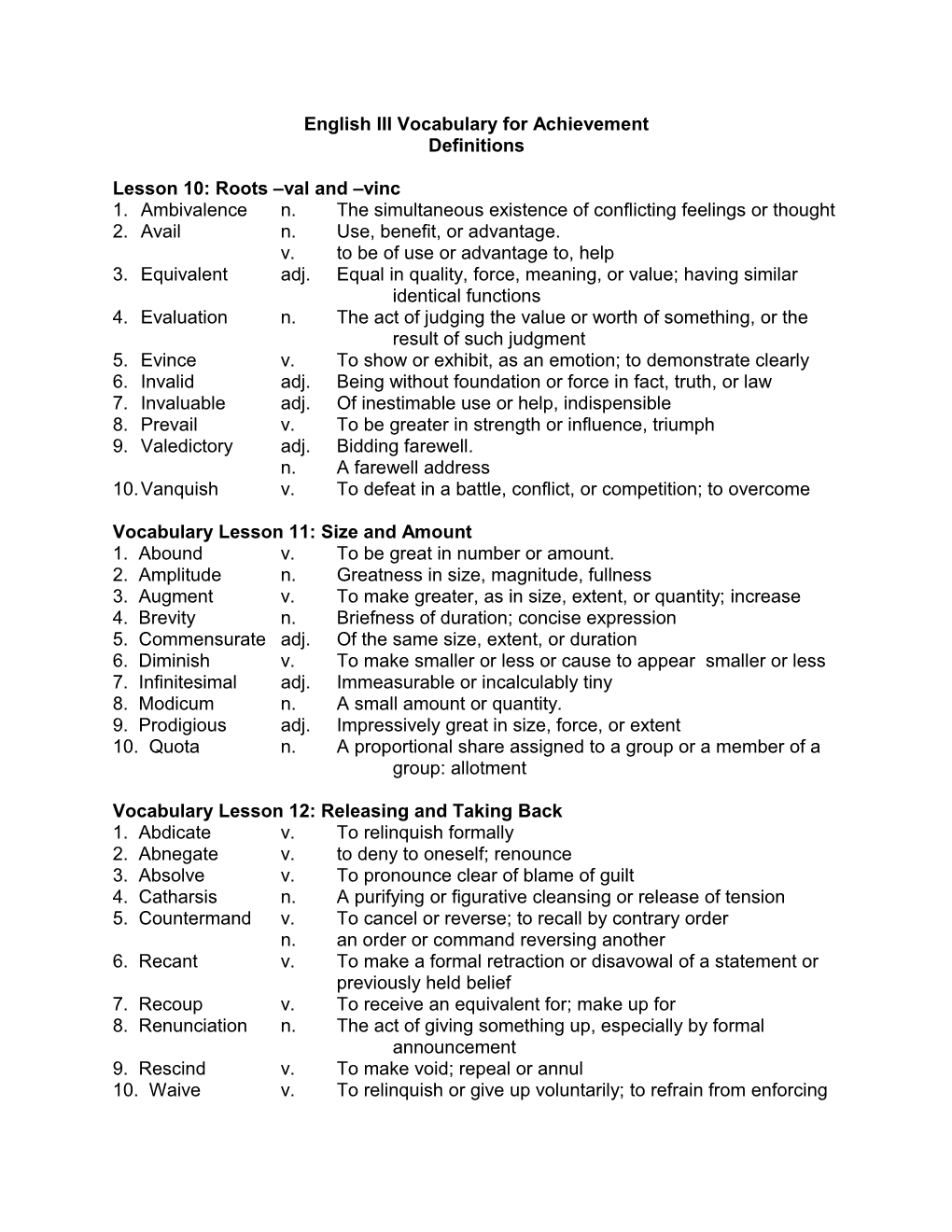 English III Vocabulary for Achievement