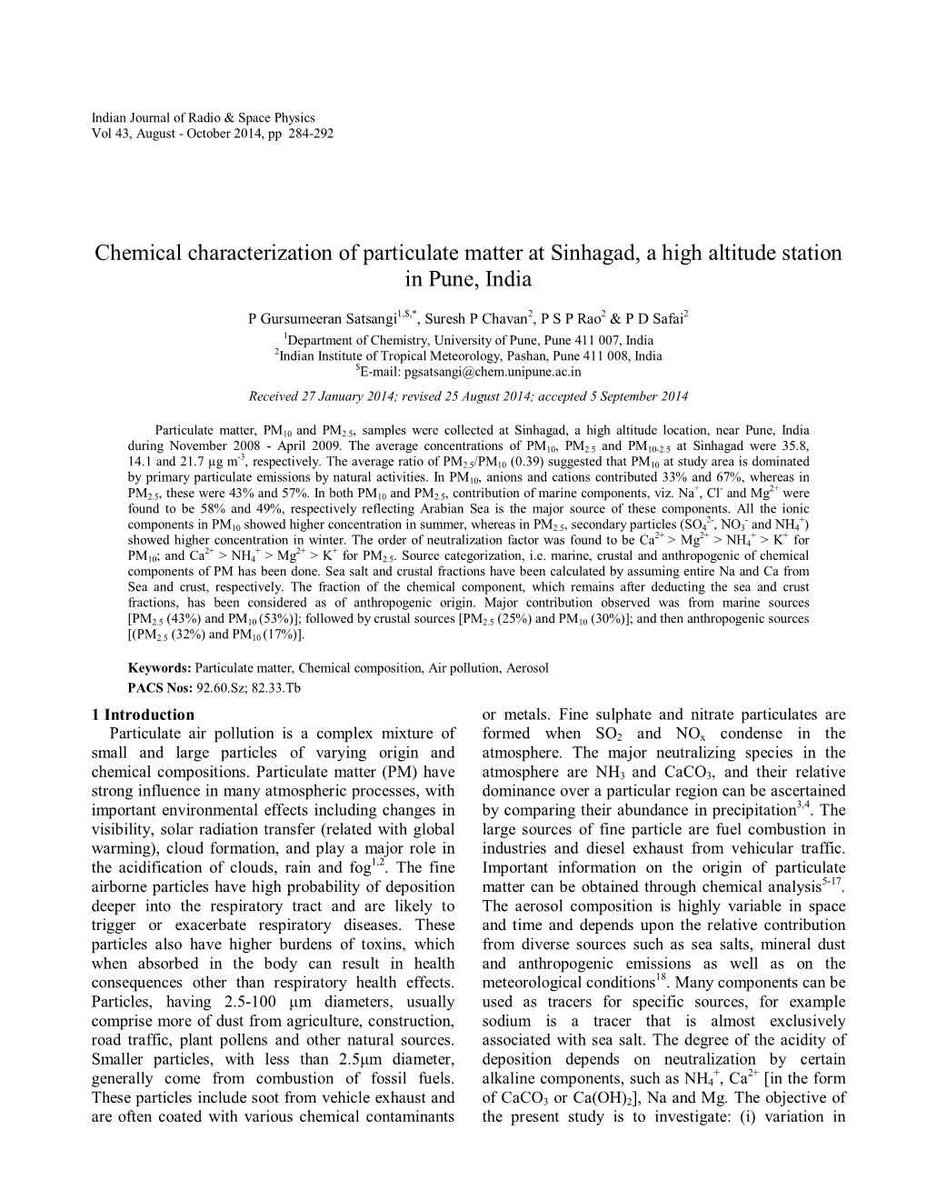 Chemical Characterization of Particulate Matter at Sinhagad, a High Altitude Station in Pune, India