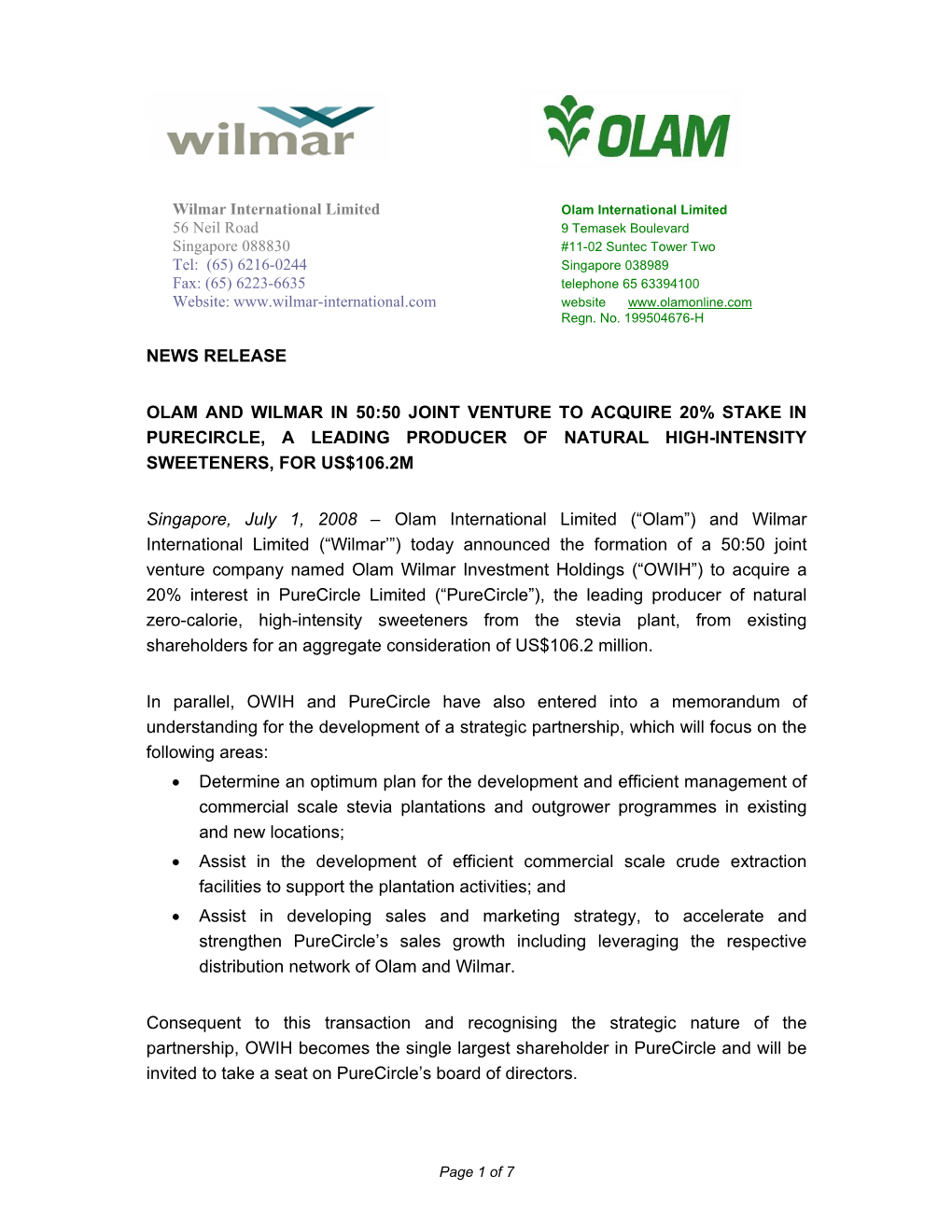 News Release Olam and Wilmar in 50:50 Joint Venture