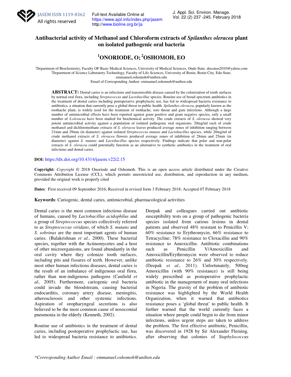 Antibacterial Activity of Methanol and Chloroform Extracts of Spilanthes Oleracea Plant on Isolated Pathogenic Oral Bacteria