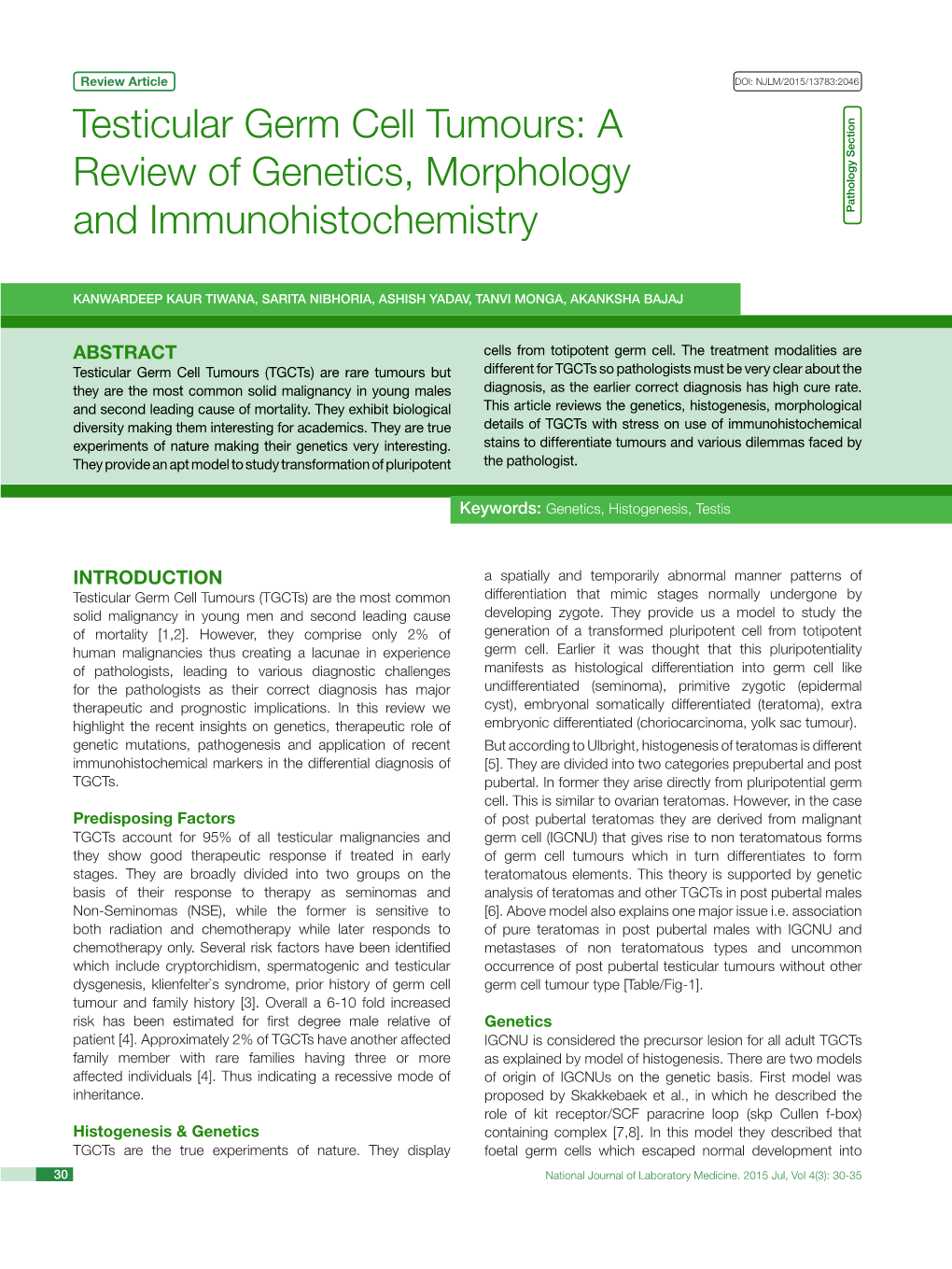 Testicular Germ Cell Tumours: a Review of Genetics, Morphology and Immunohistochemistry Pathology Section