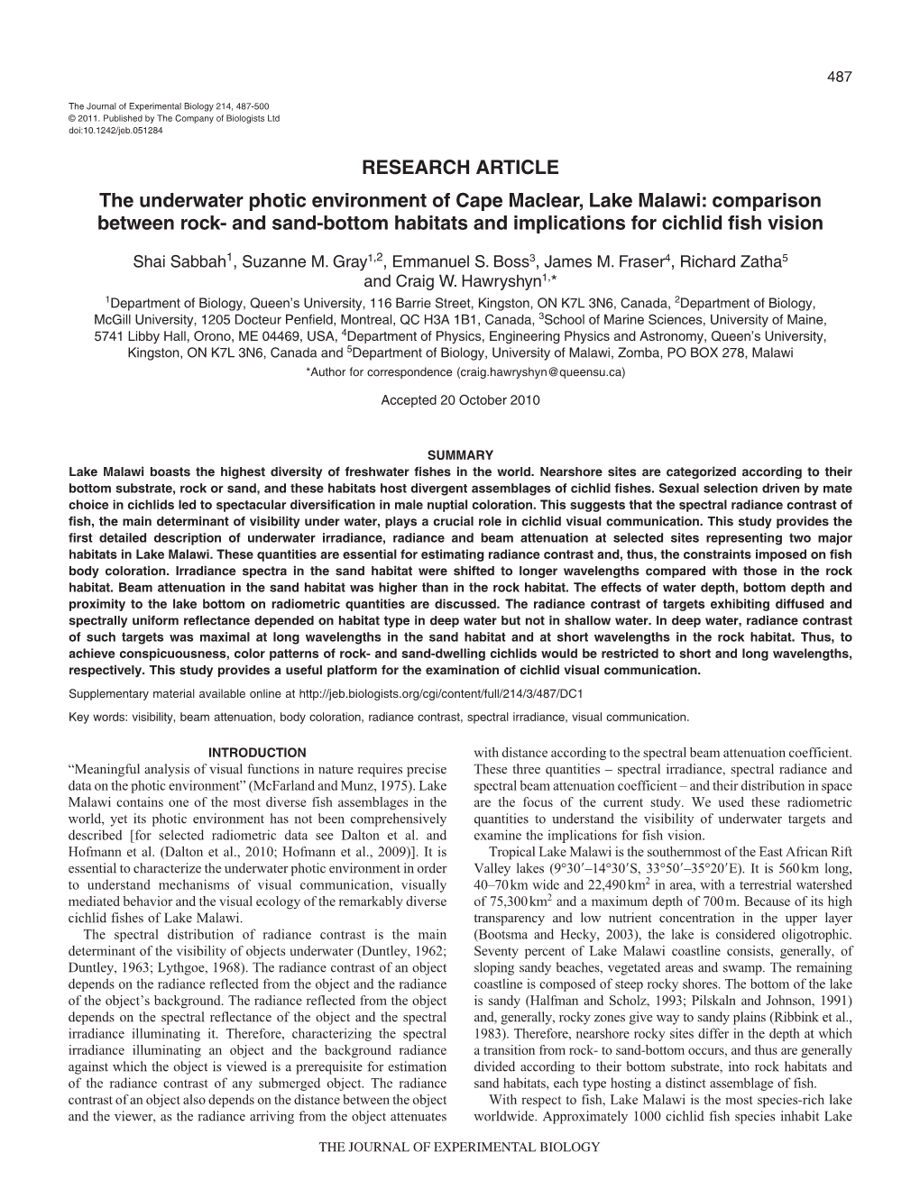 And Sand-Bottom Habitats and Implications for Cichlid Fish Vision