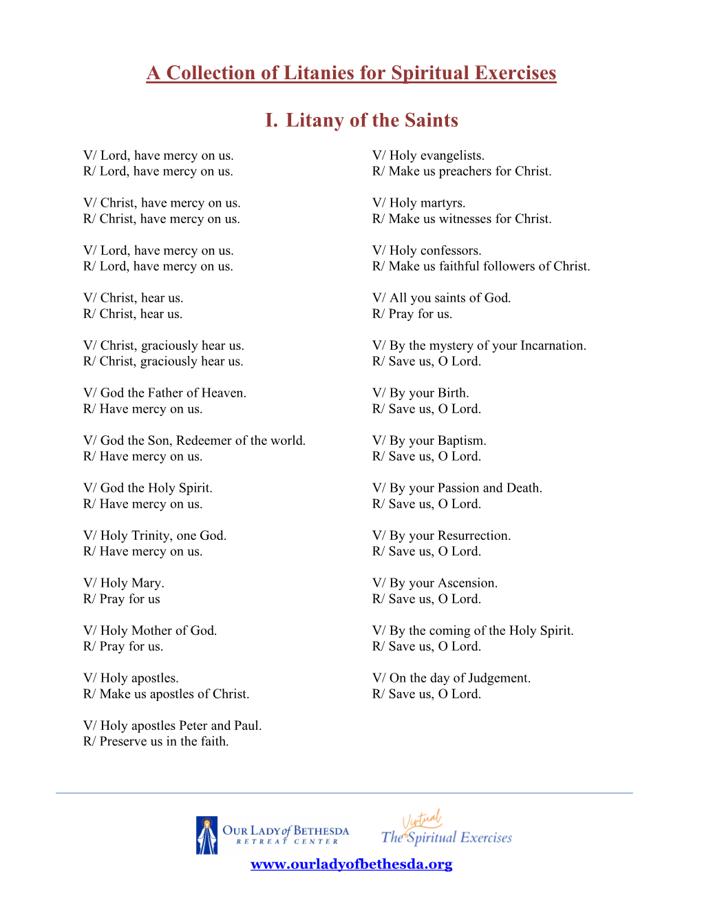 A Collection of Litanies for Spiritual Exercises I. Litany of the Saints