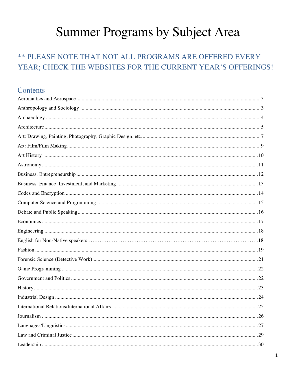 Summer Programs by Subject Area